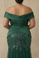 Load image into Gallery viewer, Sparkly Floral Dark Green Plus Size Mermaid Off the Shoulder Long Mother of the Bride Dress with Appliques