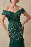 Load image into Gallery viewer, Sparkly Dark Green Floral Mermaid Off the Shoulder Long Mother of the Bride Dress with Appliques