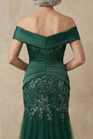 Load image into Gallery viewer, Sparkly Dark Green Floral Mermaid Off the Shoulder Long Mother of the Bride Dress with Appliques
