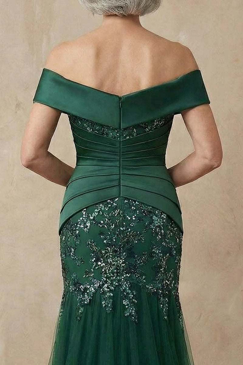Load image into Gallery viewer, Sparkly Dark Green Floral Mermaid Off the Shoulder Long Mother of the Bride Dress with Appliques