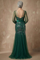 Load image into Gallery viewer, Sparkly Dark Green Floral Appliqued Mermaid Long Sleeves Mother of the Bride Dress
