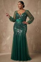 Load image into Gallery viewer, Sparkly Plus Size Mermaid Dark Green Floral Appliqued Long Sleeves Mother of the Bride Dress