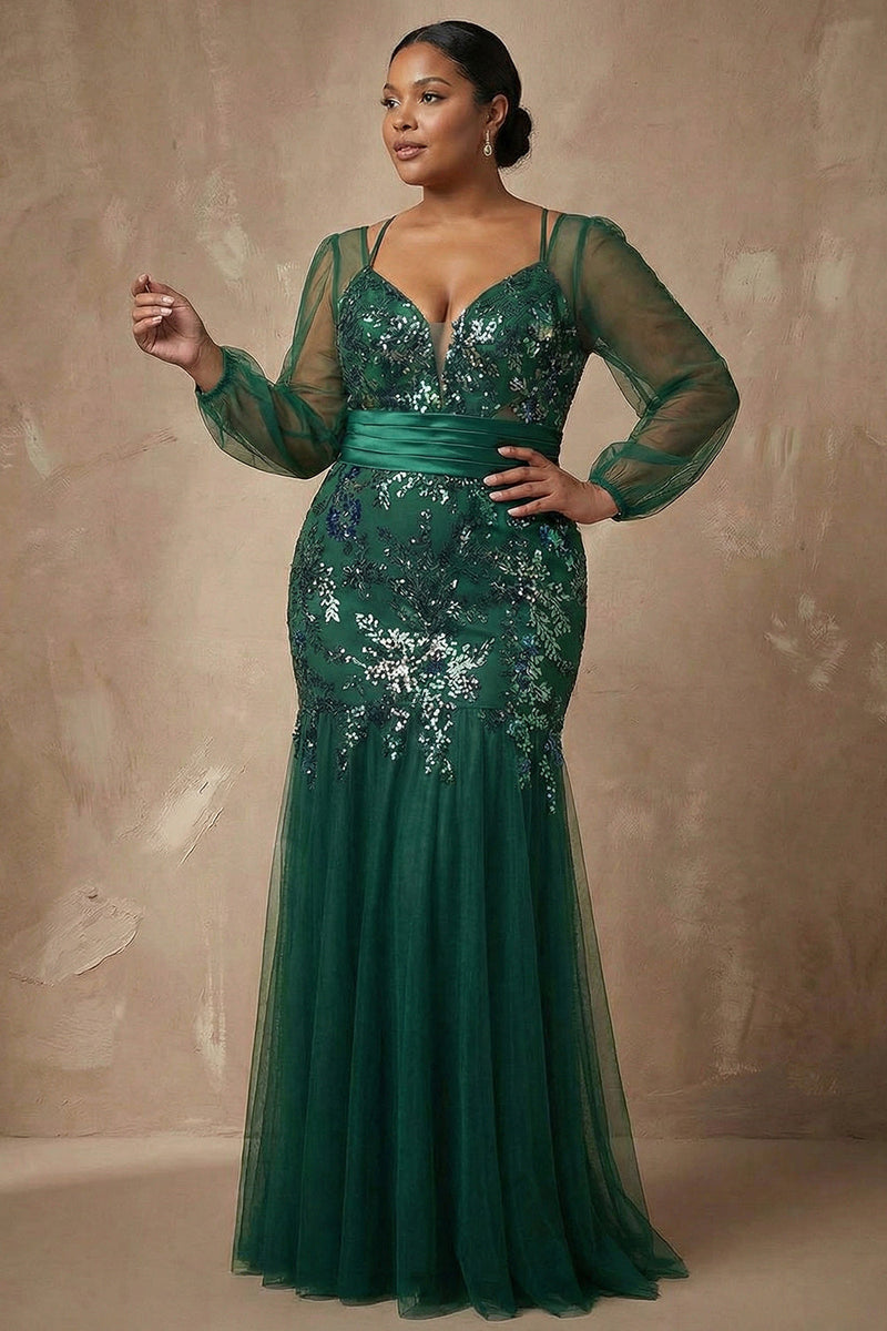 Load image into Gallery viewer, Sparkly Plus Size Mermaid Dark Green Floral Appliqued Long Sleeves Mother of the Bride Dress
