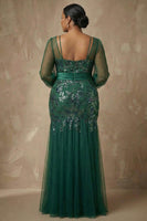 Load image into Gallery viewer, Sparkly Dark Green Floral Appliqued Mermaid Long Sleeves Mother of the Bride Dress