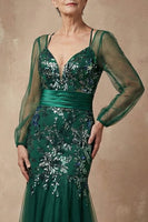 Load image into Gallery viewer, Sparkly Dark Green Floral Appliqued Mermaid Long Sleeves Mother of the Bride Dress