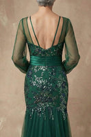 Load image into Gallery viewer, Sparkly Dark Green Floral Appliqued Mermaid Long Sleeves Mother of the Bride Dress