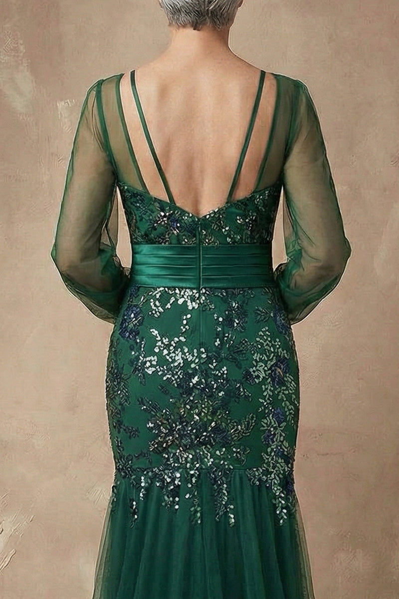 Load image into Gallery viewer, Sparkly Dark Green Floral Appliqued Mermaid Long Sleeves Mother of the Bride Dress
