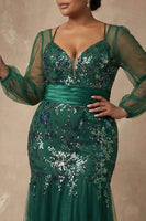 Load image into Gallery viewer, Sparkly Plus Size Mermaid Dark Green Floral Appliqued Long Sleeves Mother of the Bride Dress