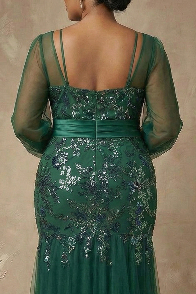 Load image into Gallery viewer, Sparkly Dark Green Floral Appliqued Mermaid Long Sleeves Mother of the Bride Dress