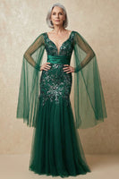 Load image into Gallery viewer, Sparkly Dark Green Mermaid Appliqued Floral Long Mother of the Bride Dress with Cape