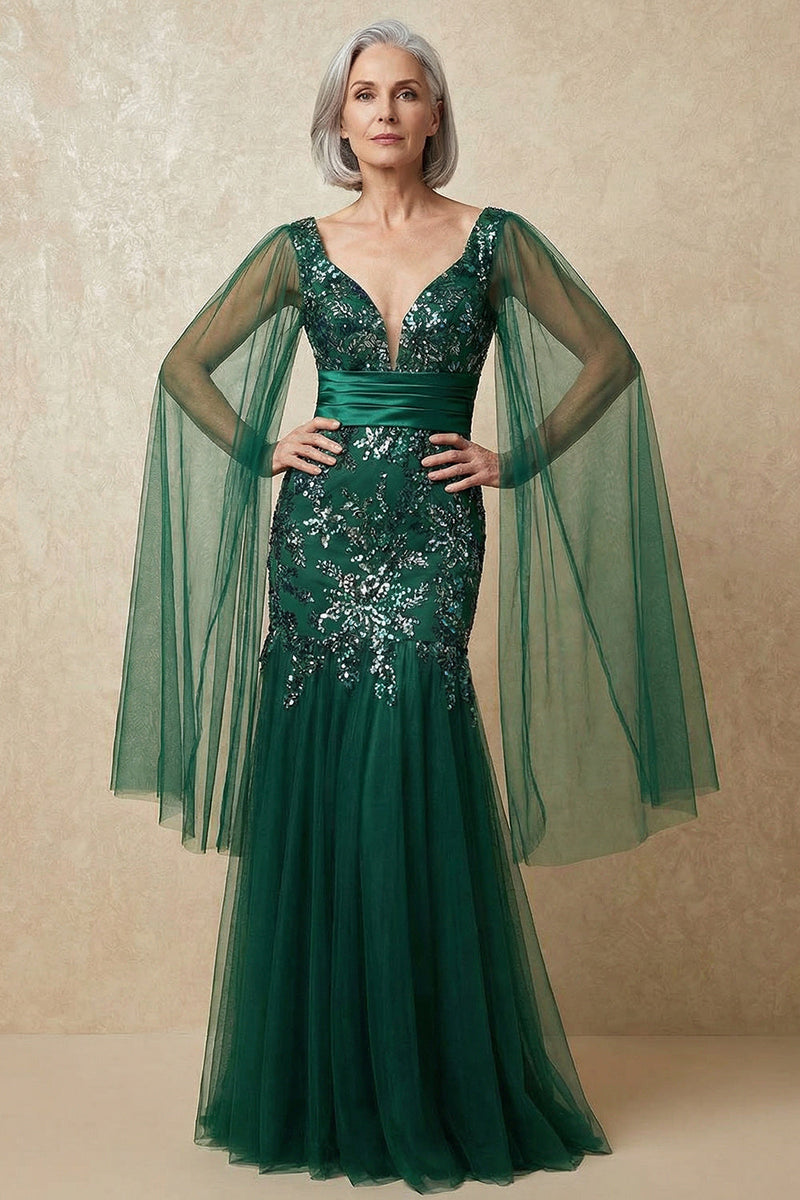 Load image into Gallery viewer, Sparkly Dark Green Plus Size Mermaid Floral Appliqued Long Mother of the Bride Dress with Cape