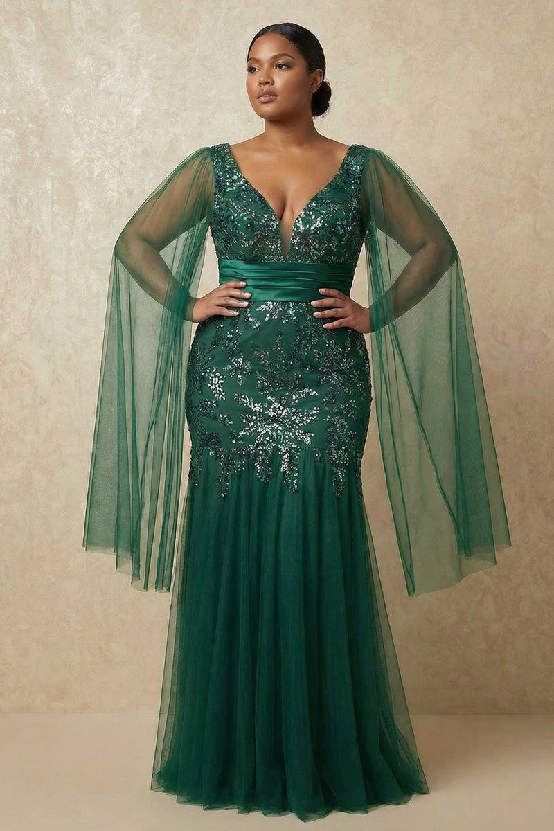 Load image into Gallery viewer, Sparkly Dark Green Plus Size Mermaid Floral Appliqued Long Mother of the Bride Dress with Cape