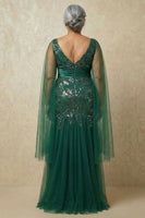Load image into Gallery viewer, Sparkly Dark Green Mermaid Appliqued Floral Long Mother of the Bride Dress with Cape
