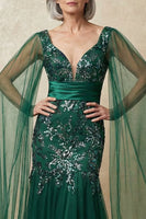 Load image into Gallery viewer, Sparkly Dark Green Mermaid Appliqued Floral Long Mother of the Bride Dress with Cape