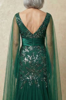 Load image into Gallery viewer, Sparkly Dark Green Mermaid Appliqued Floral Long Mother of the Bride Dress with Cape