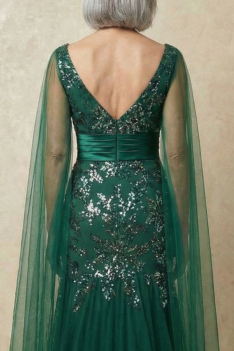 Load image into Gallery viewer, Sparkly Dark Green Mermaid Appliqued Floral Long Mother of the Bride Dress with Cape