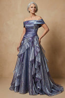 Load image into Gallery viewer, Sparkly Dusty Blue Ruffled Off the Shoulder Long Glitter Prom Dress Mother of the Bride Dress