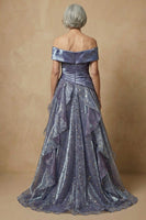 Load image into Gallery viewer, Sparkly Dusty Blue Ruffled Off the Shoulder Long Glitter Prom Dress Mother of the Bride Dress