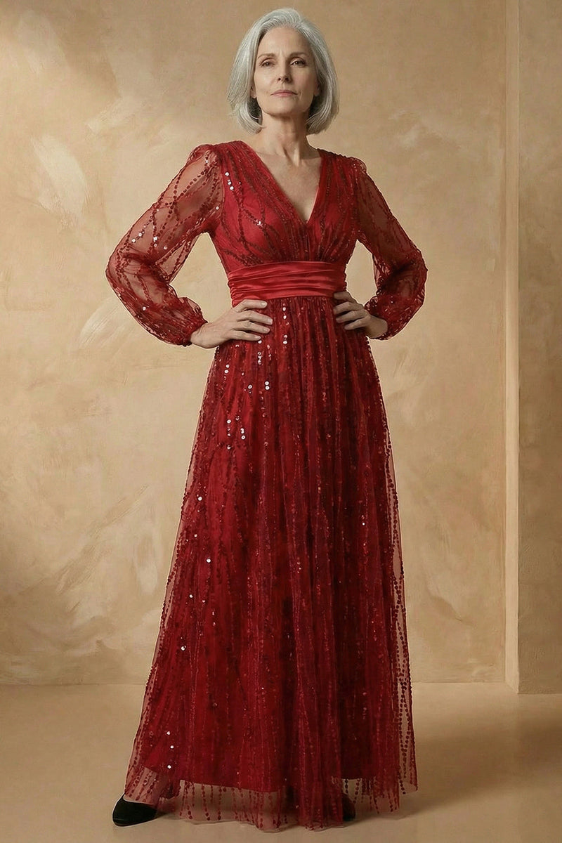 Load image into Gallery viewer, Sparkly Burgundy Sequins Plus Size V Neck A Line Long Mother of the Bride Dress