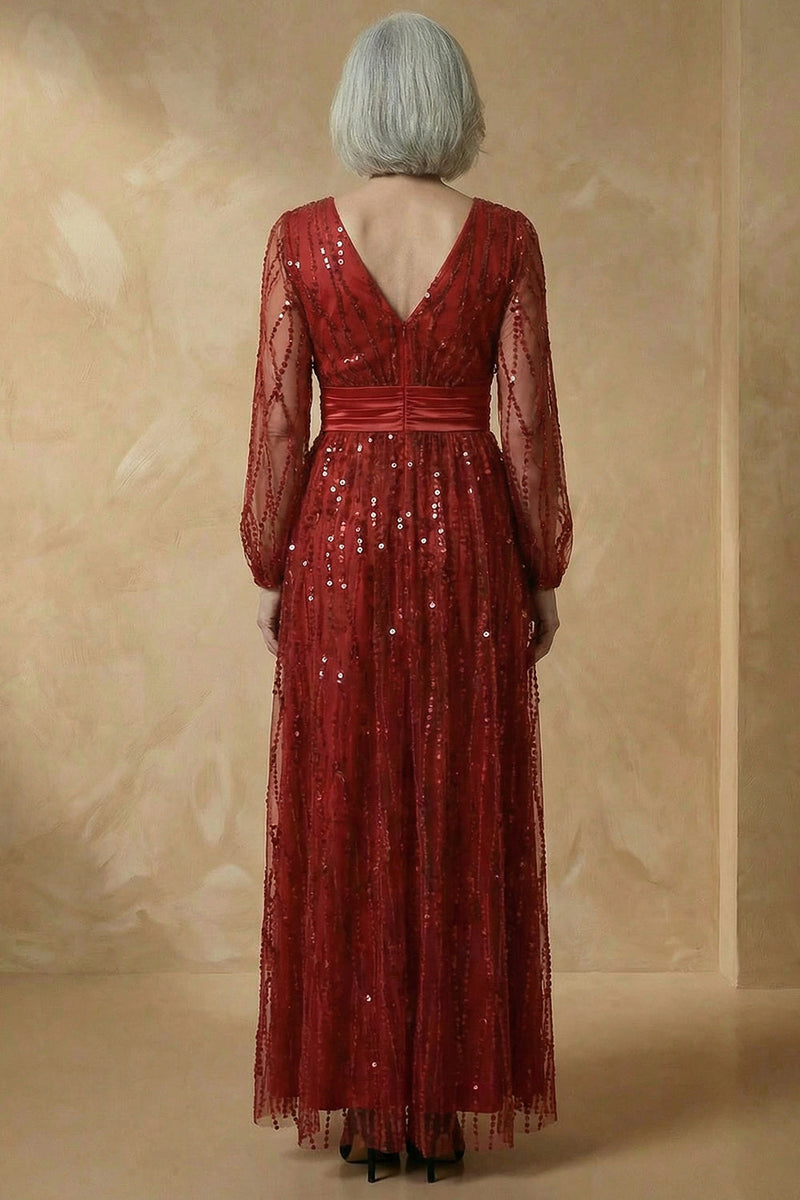 Load image into Gallery viewer, Sparkly Burgundy V Neck Sequins A Line Long Mother of the Bride Dress