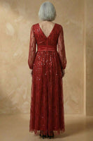Load image into Gallery viewer, Sparkly Burgundy Sequins Plus Size V Neck A Line Long Mother of the Bride Dress