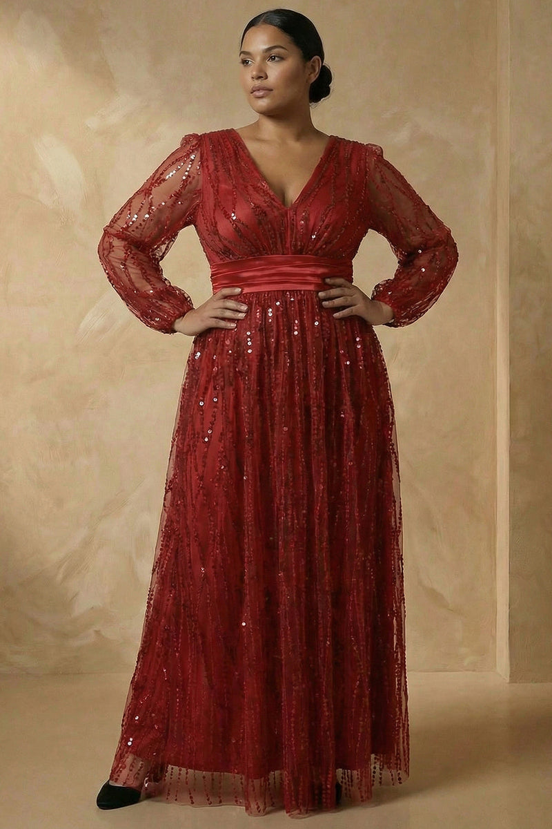 Load image into Gallery viewer, Sparkly Burgundy V Neck Sequins A Line Long Mother of the Bride Dress