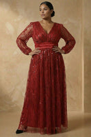 Load image into Gallery viewer, Sparkly Burgundy Sequins Plus Size V Neck A Line Long Mother of the Bride Dress
