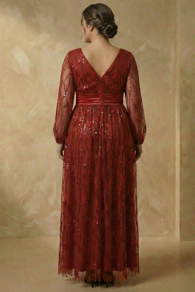 Load image into Gallery viewer, Sparkly Burgundy Sequins Plus Size V Neck A Line Long Mother of the Bride Dress