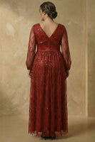 Load image into Gallery viewer, Sparkly Burgundy V Neck Sequins A Line Long Mother of the Bride Dress