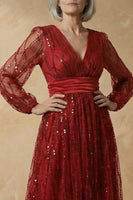 Load image into Gallery viewer, Sparkly Burgundy V Neck Sequins A Line Long Mother of the Bride Dress