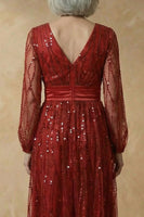 Load image into Gallery viewer, Sparkly Burgundy V Neck Sequins A Line Long Mother of the Bride Dress