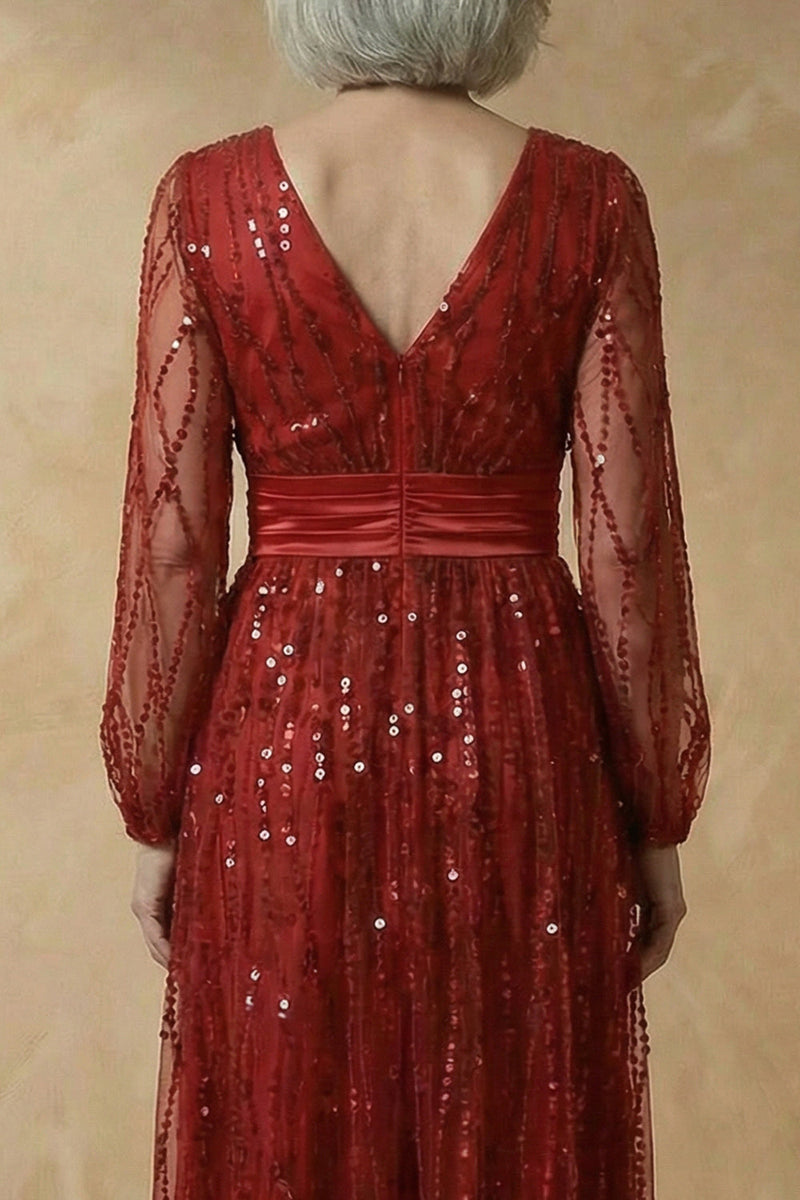 Load image into Gallery viewer, Sparkly Burgundy V Neck Sequins A Line Long Mother of the Bride Dress
