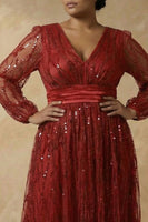 Load image into Gallery viewer, Sparkly Burgundy Sequins Plus Size V Neck A Line Long Mother of the Bride Dress
