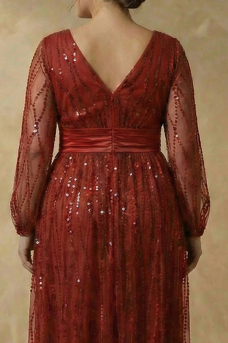 Load image into Gallery viewer, Sparkly Burgundy V Neck Sequins A Line Long Mother of the Bride Dress