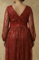 Load image into Gallery viewer, Sparkly Burgundy Sequins Plus Size V Neck A Line Long Mother of the Bride Dress