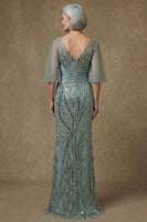 Load image into Gallery viewer, Sparkly Grey Green Sequin Mermaid Appliqued Long Mother of the Bride Dress with Slit