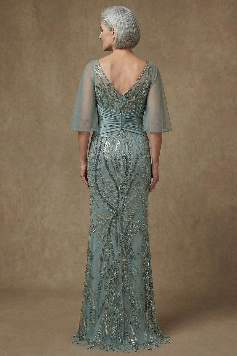 Load image into Gallery viewer, Sparkly Grey Green Sequin Mermaid Appliqued Long Mother of the Bride Dress with Slit