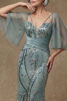 Load image into Gallery viewer, Sparkly Grey Green Sequin Mermaid Appliqued Long Mother of the Bride Dress with Slit