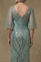 Load image into Gallery viewer, Sparkly Grey Green Sequin Mermaid Appliqued Long Mother of the Bride Dress with Slit