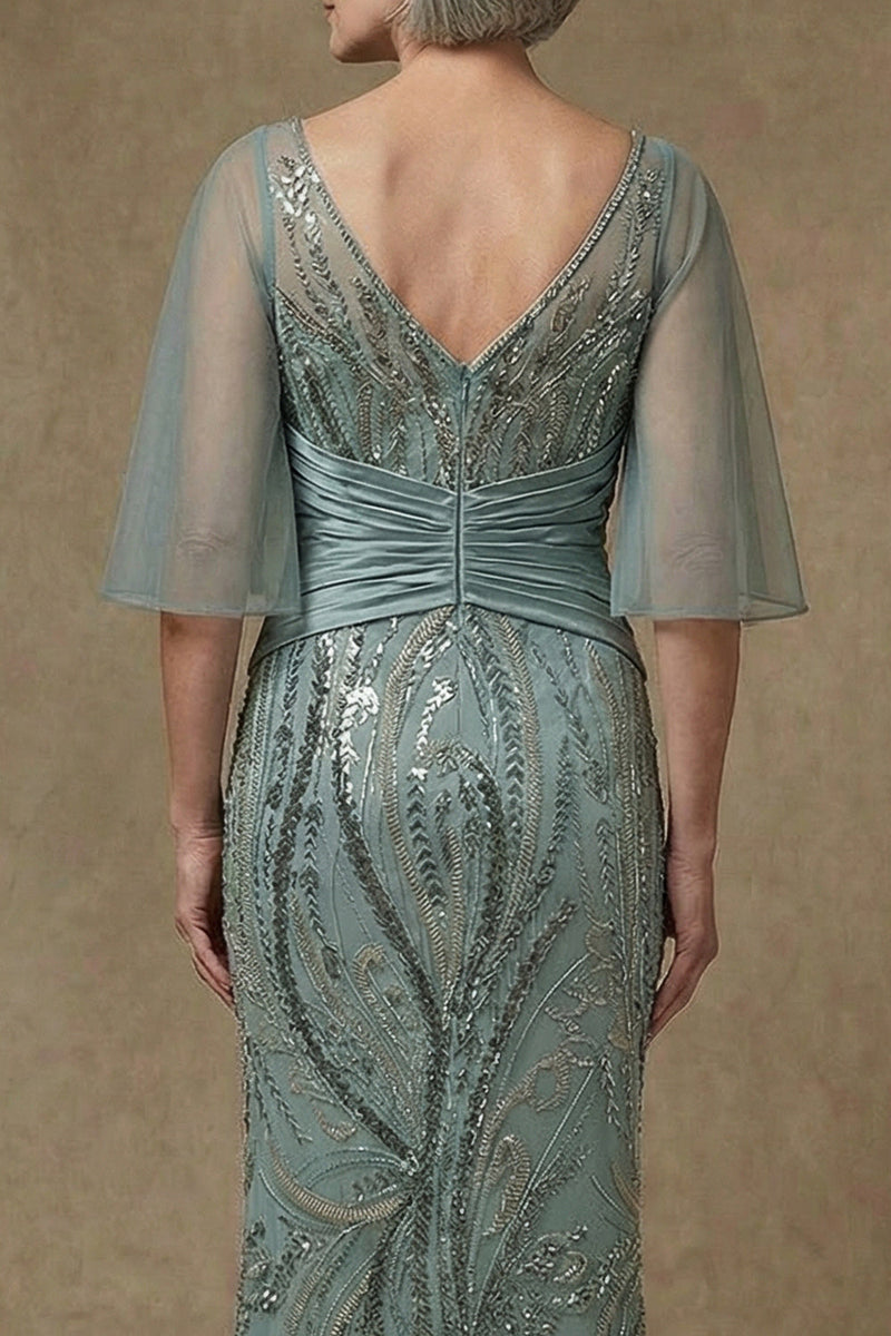 Load image into Gallery viewer, Sparkly Grey Green Sequin Mermaid Appliqued Long Mother of the Bride Dress with Slit