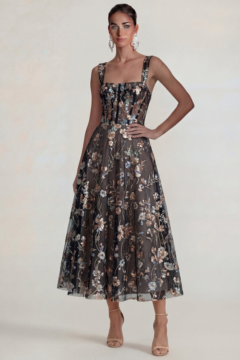 Load image into Gallery viewer, Pink Floral Square Neck Corset A Line Maxi Formal Dress