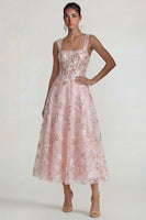 Load image into Gallery viewer, Pink Floral Square Neck Corset A Line Maxi Formal Dress