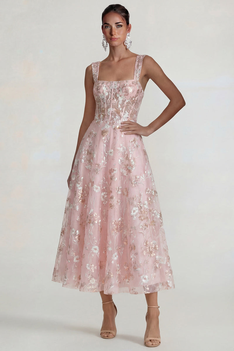 Load image into Gallery viewer, Pink Floral Square Neck Corset A Line Maxi Formal Dress