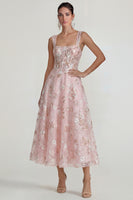 Load image into Gallery viewer, Pink Floral Square Neck Corset A Line Maxi Formal Dress
