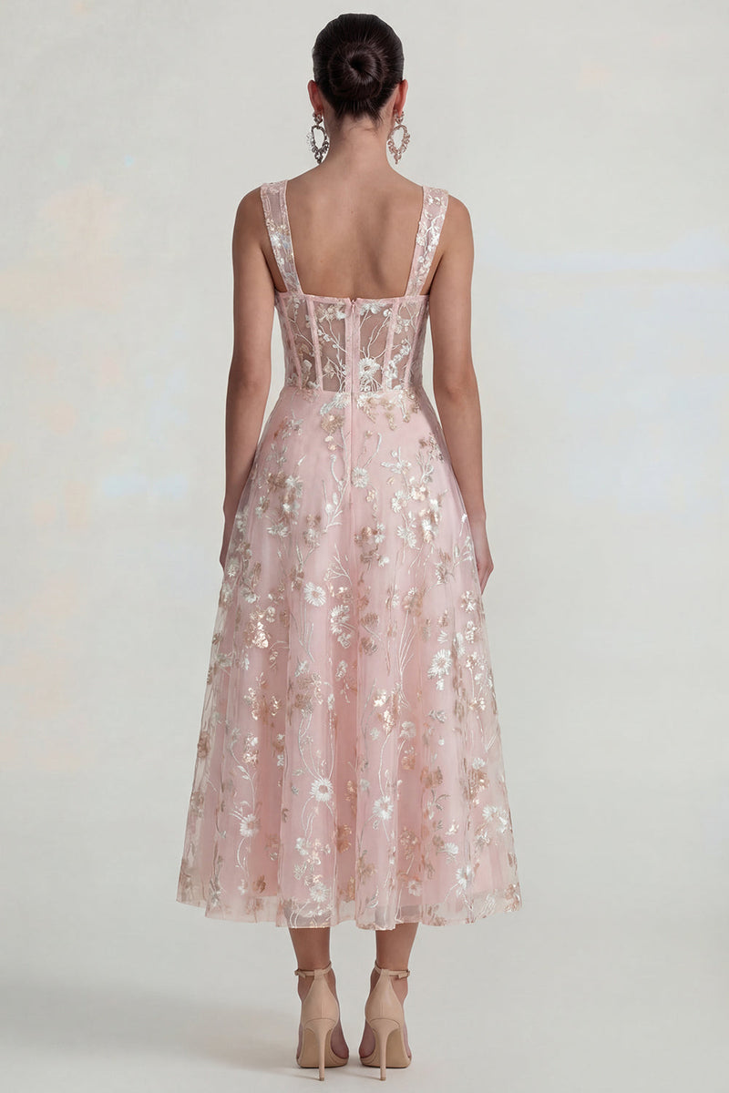 Load image into Gallery viewer, Pink Floral Square Neck Corset A Line Maxi Formal Dress