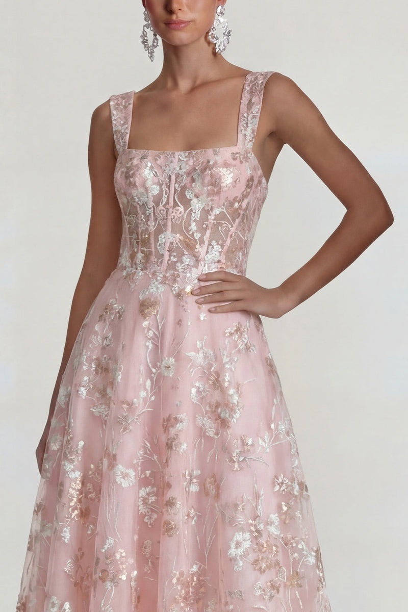 Load image into Gallery viewer, Pink Floral Square Neck Corset A Line Maxi Formal Dress