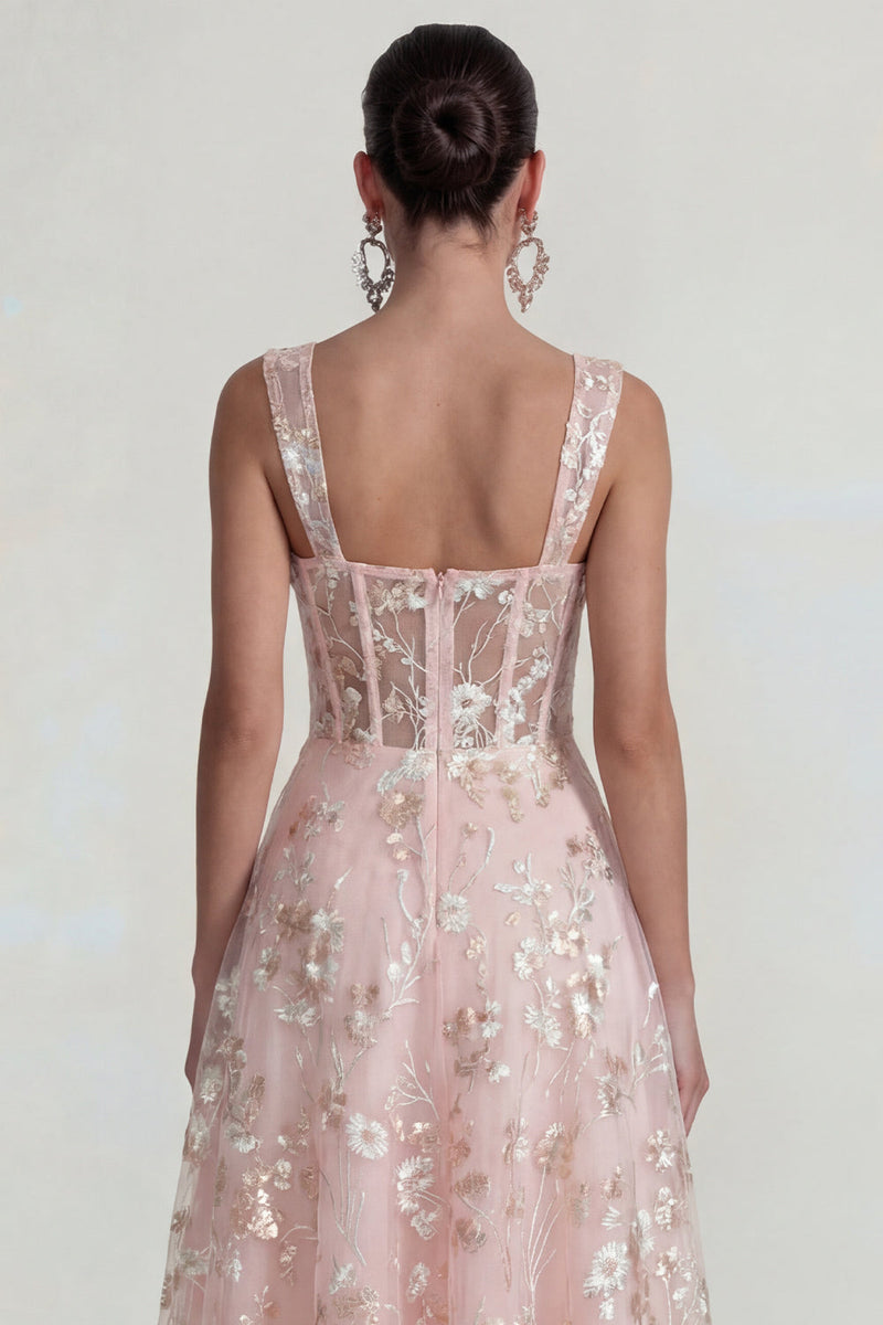 Load image into Gallery viewer, Pink Floral Square Neck Corset A Line Maxi Formal Dress