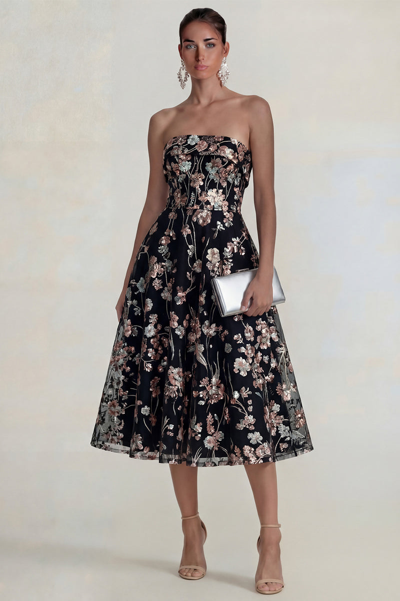 Load image into Gallery viewer, Strapless Pink Floral A Line Midi Formal Dress