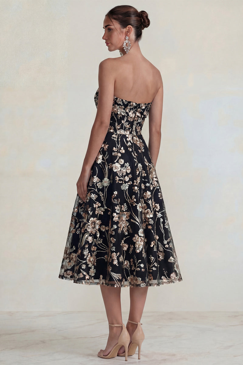 Load image into Gallery viewer, Strapless Pink Floral A Line Midi Formal Dress