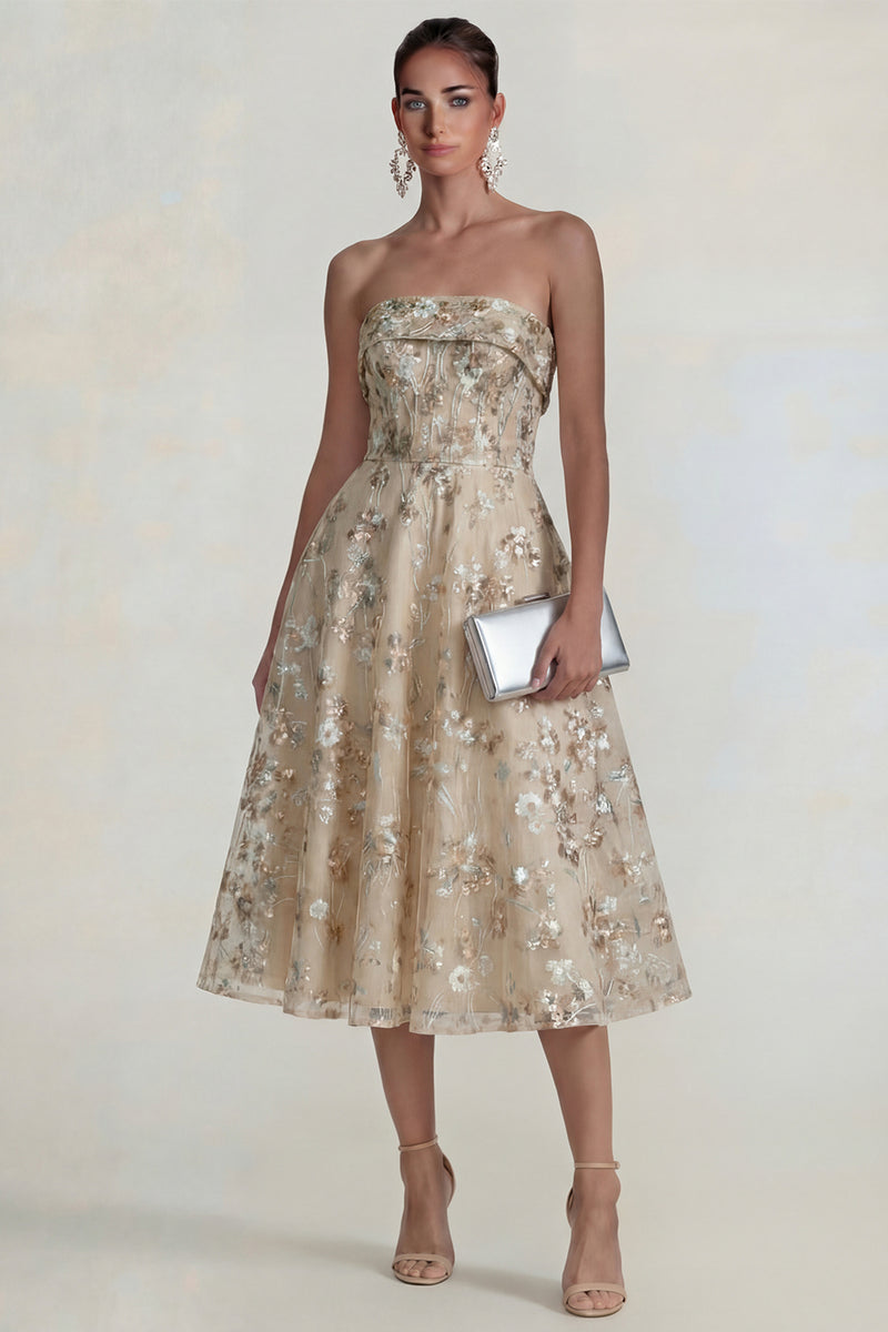 Load image into Gallery viewer, Strapless Pink Floral A Line Midi Formal Dress